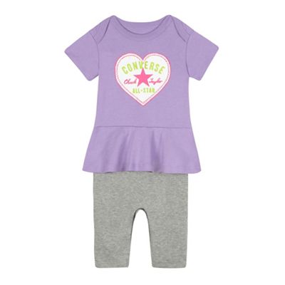 Converse Baby girls' purple heart print mock romper suit